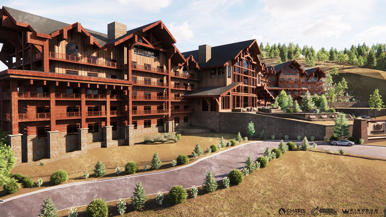 A grand, lodge-style building nestled in a scenic, forested hillside, featuring rustic wood and stone architecture with multiple balconies and large windows. A winding driveway leads to the entrance, surrounded by landscaped greenery. The design blends luxury and nature, creating a welcoming mountain retreat.