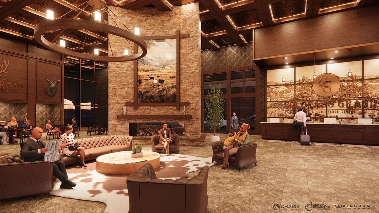 Rendering of the future campus lobby featuring a grand stone fireplace, leather seating, rustic wood accents, and a welcoming reception area.
