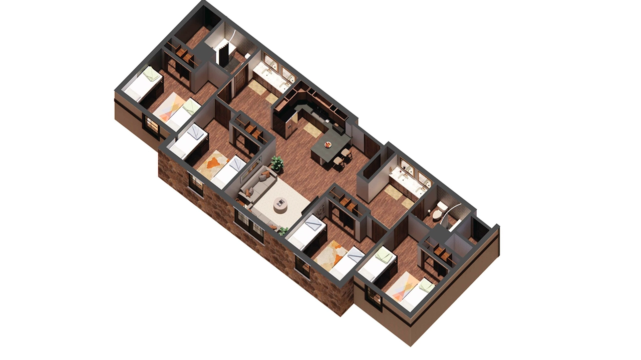 A 3D-rendered floor plan of a shared living space featuring multiple bedrooms, a central living area, a kitchen with a dining island, and several bathrooms. The design incorporates warm wood tones, built-in storage, and an open layout that blends communal and private spaces for comfortable living.