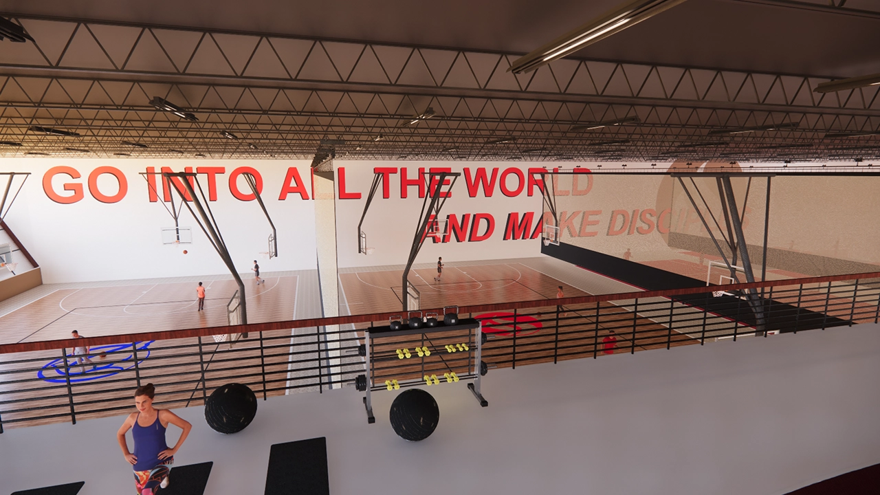 A spacious indoor sports facility featuring a basketball court and an elevated workout area with weights and exercise equipment. The wall displays a large motivational message in bold red letters: "GO INTO ALL THE WORLD AND MAKE DISCIPLES." Players are practicing on the court below, while a woman stands near the workout area.