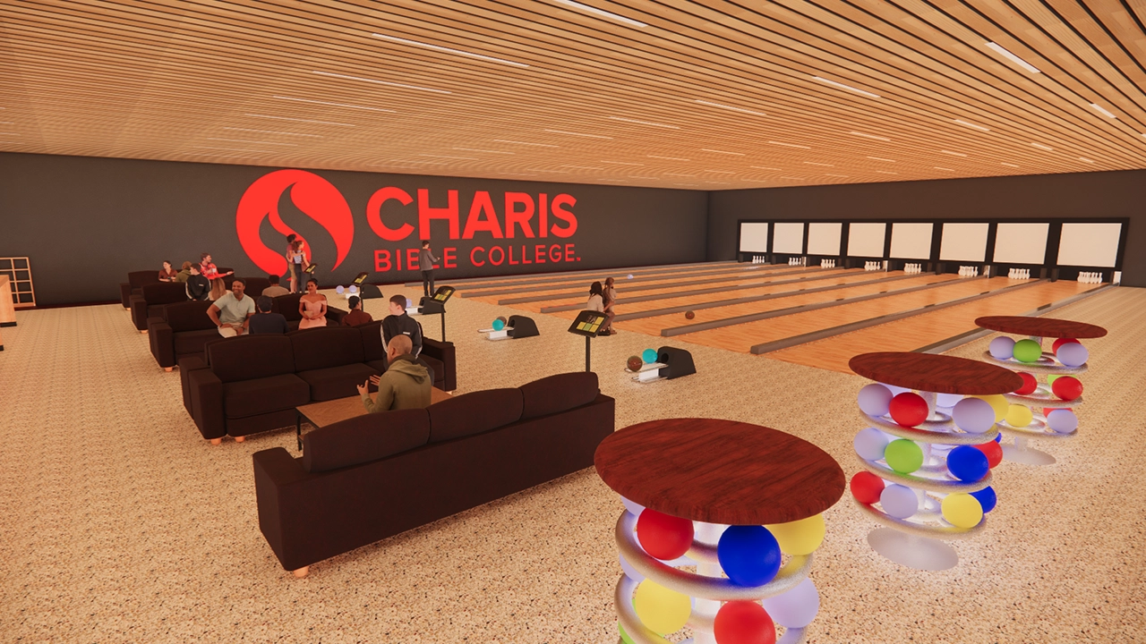 A modern bowling alley with multiple lanes, comfortable lounge seating, with nice wooden tables. The "Charis Bible College" logo is prominently displayed on the back wall. People are socializing and playing, creating a lively and engaging atmosphere.